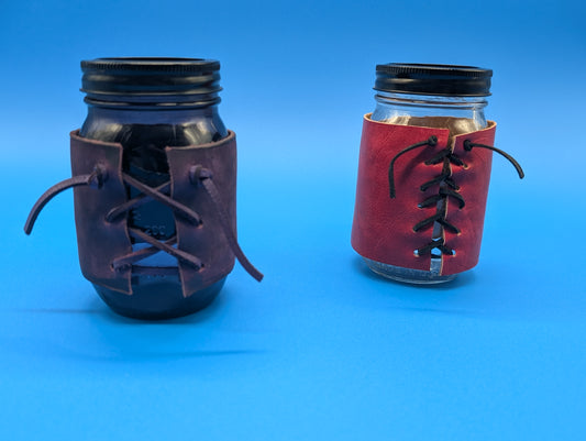 Leather MASON TEA JAR wrapped and laced